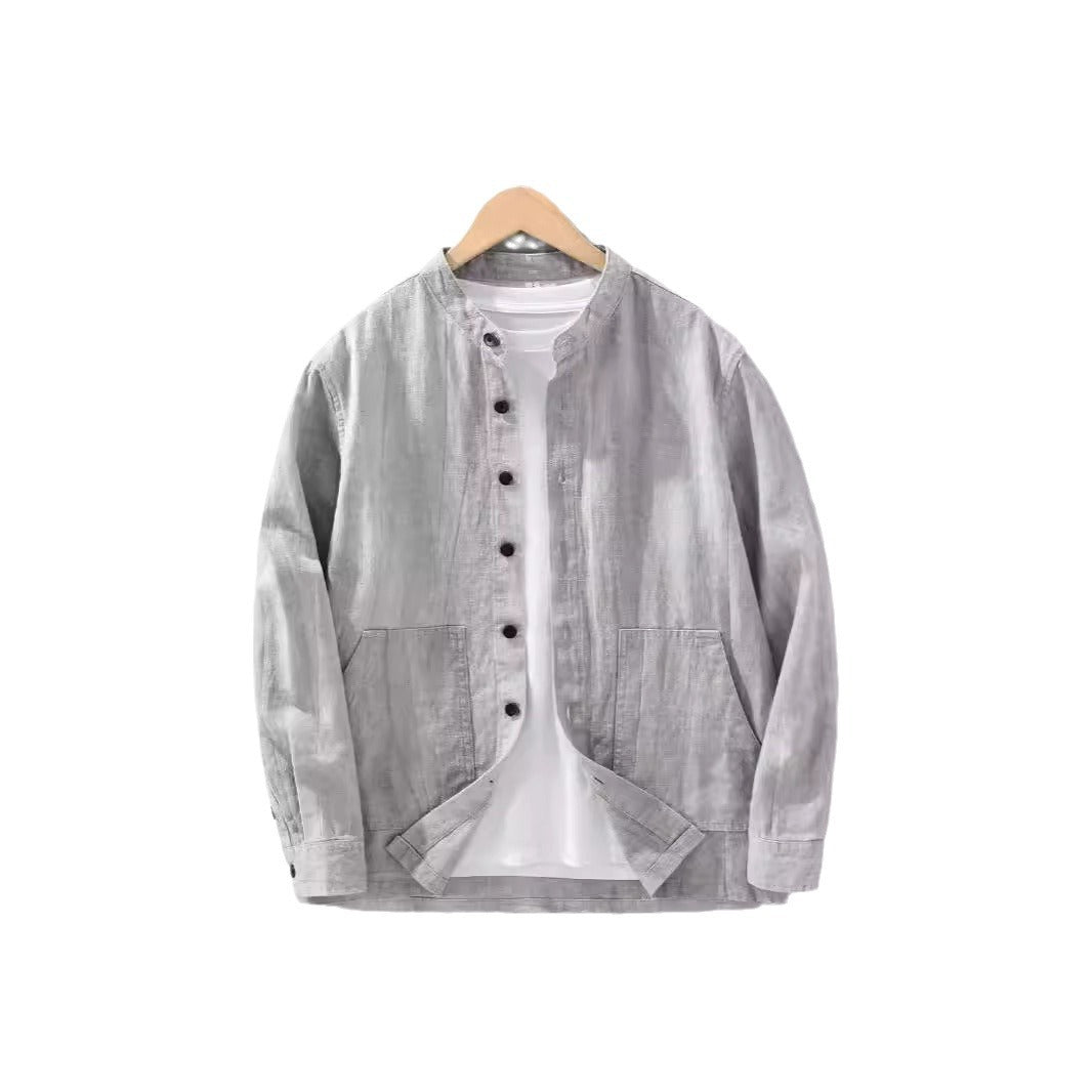 Men's Solid Color Ramie Stand Collar Retro Casual Coat Shirt - D&A