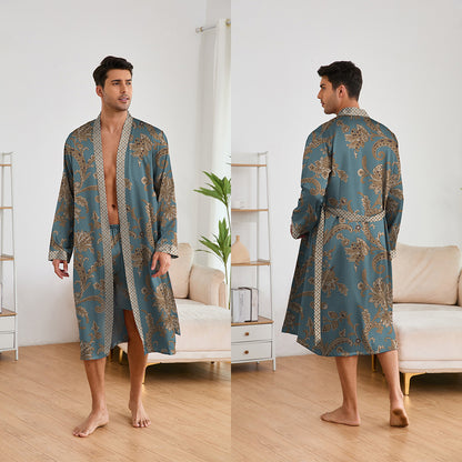 Printing Men's Robes Long Sleeve Shorts Suit Lake Blue Brown Flower - D&A