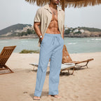 Men's Cotton And Linen Beach Trousers Drawstring Elastic Waist Straight Comfortable Breathable - D&A