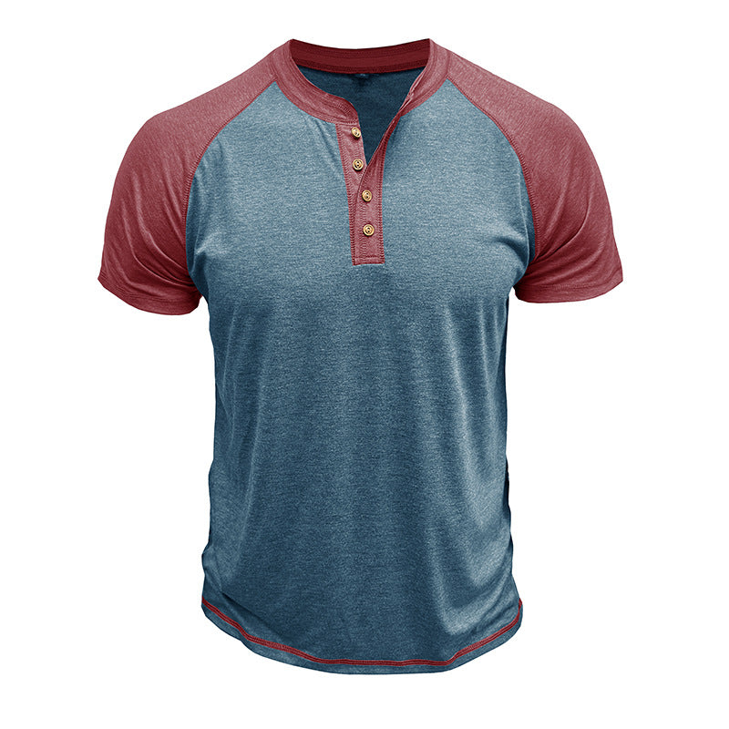 Men's Short Sleeve European And American Color Matching Top Blue With Purplish Red - D&A