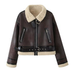 Wear Fur Integrated Lapel Thickening Warm Double-sided Casual Short Jacket Coat Dark Brown - D&A