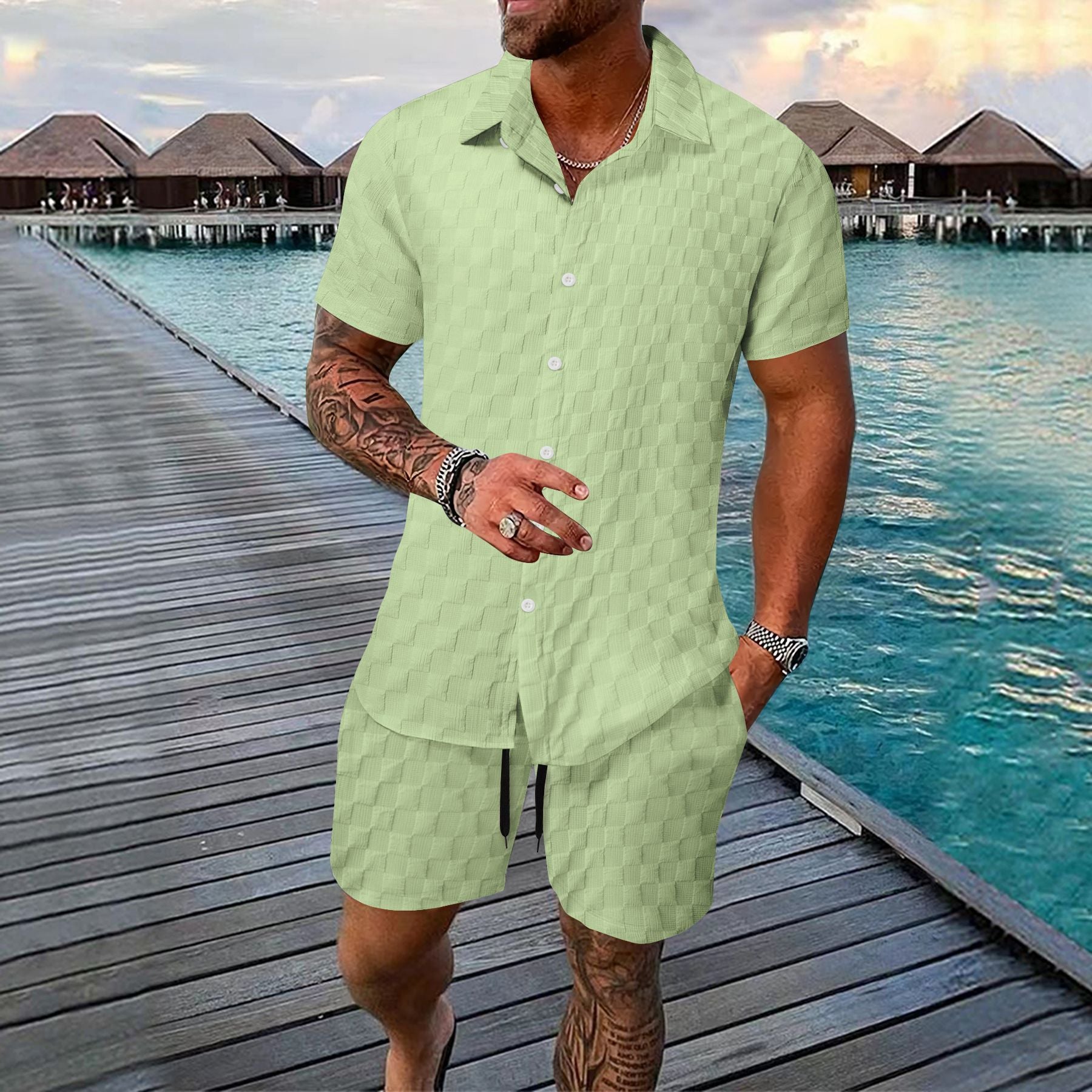 Men's Chemical Fiber Shirt Casual Suit Yellow Green - D&A