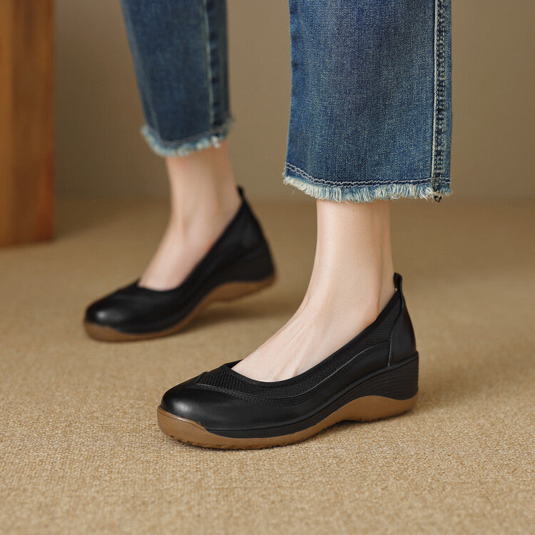 High Heel Leather Shoes Thick Bottom Lazy Platform Round Head Slip-on Pumps Black - D&A