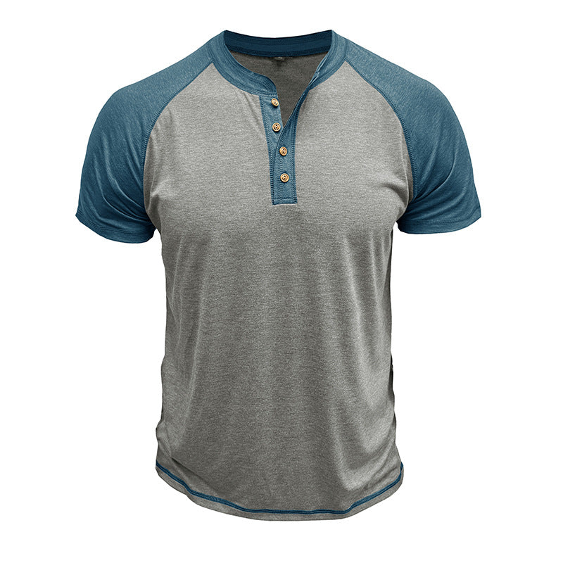 Men's Short Sleeve European And American Color Matching Top Light Gray With Blue - D&A