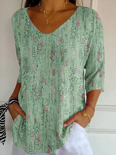 New 3D Printed Women's European And American Fashion Floral V-neck Shirt Top SX4172 - D&A