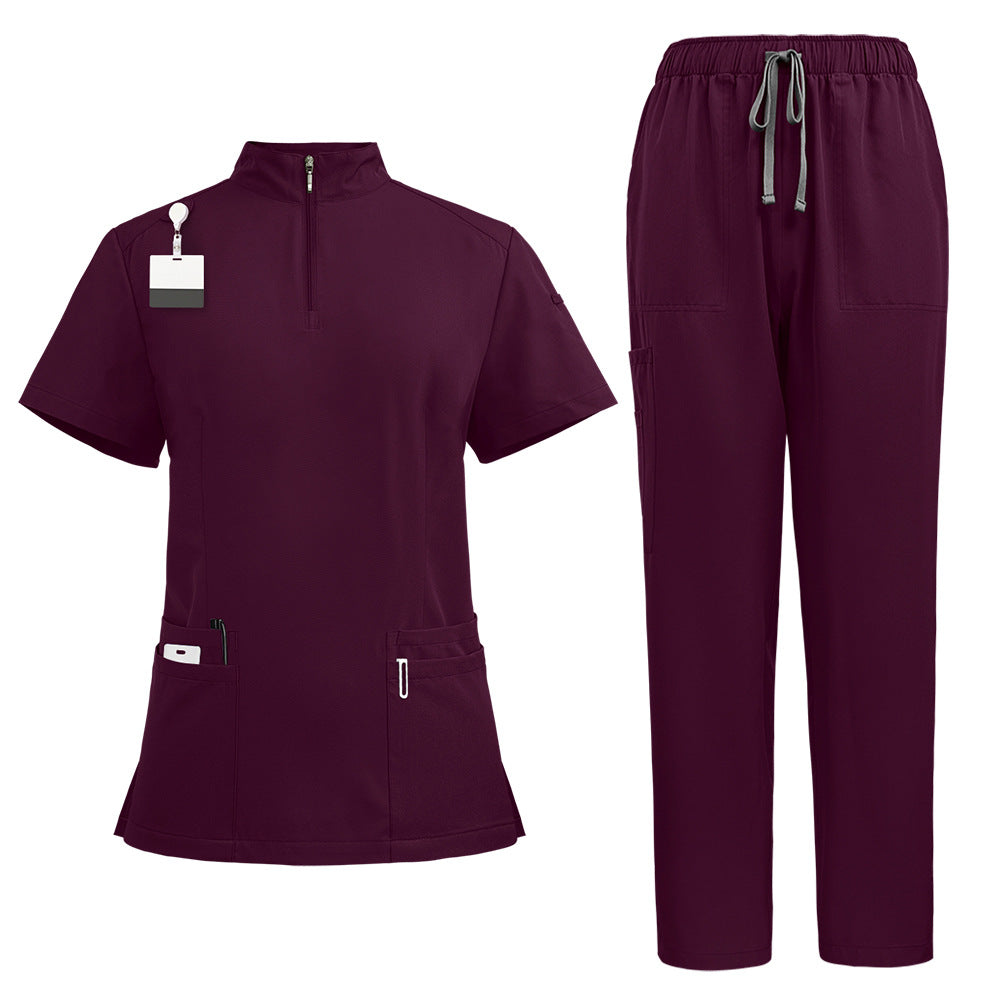 Stand Collar Zipper Hand Washing Suit Nurses' Uniform Work Clothes Suit 42108 Deep Burgundy - D&A