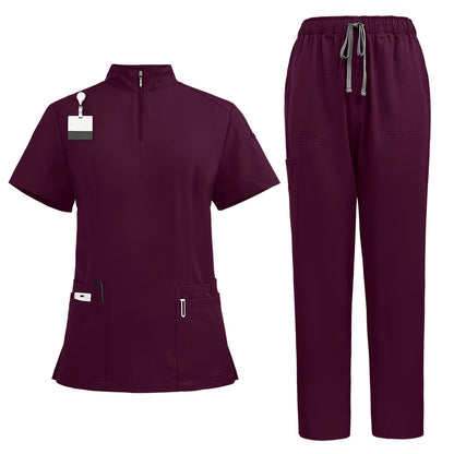 Stand Collar Zipper Hand Washing Suit Nurses' Uniform Work Clothes Suit 42108 Deep Burgundy - D&A