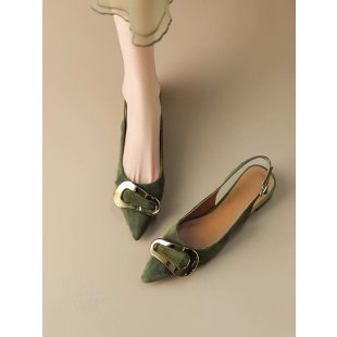 French Retro Metal Buckle Women's Flat-heeled Shoes Green - D&A
