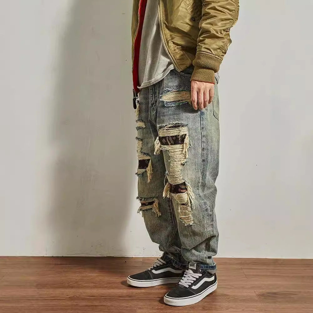 Jeans Men's Loose Straight Tapered Distressed Broken Holes Pants - D&A