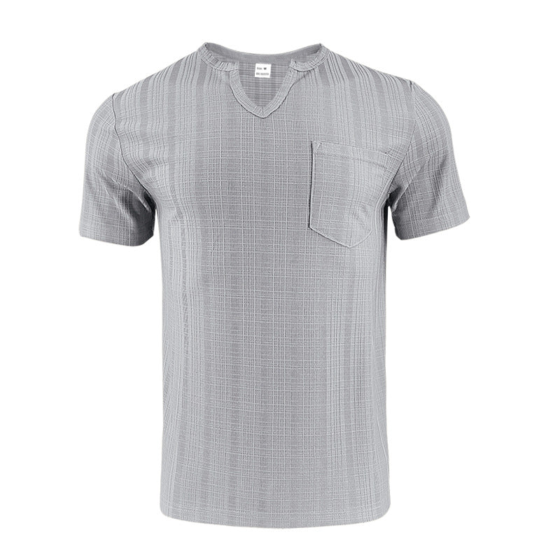 Men's Artificial Linen Bamboo Loose Casual Breathable V-neck Solid Color Short Sleeve Light Gray - D&A
