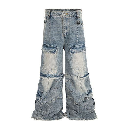 Detachable Worn Looking Washed-out Multi-pocket Detachable Two-way Wear Micro-pull Overalls - D&A