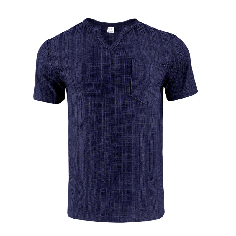 Men's Artificial Linen Bamboo Loose Casual Breathable V-neck Solid Color Short Sleeve Navy Blue - D&A