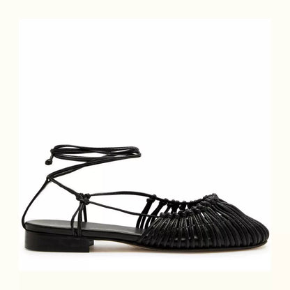 Niche Handmade Weave Vintage Genuine Leather Twine Grip Sandals Black - D&A