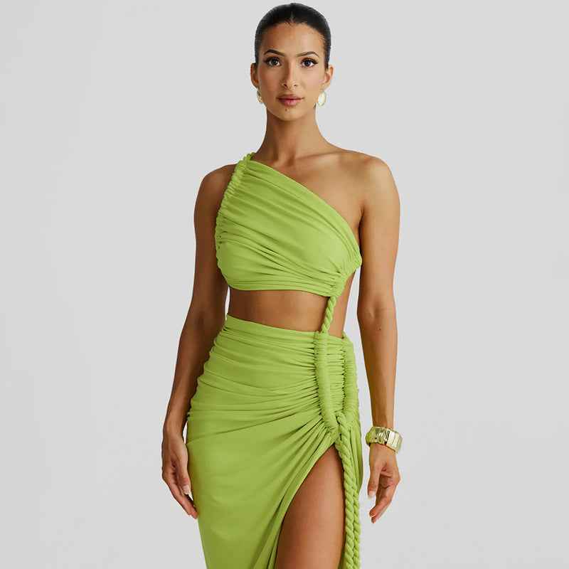 Fashion One Shoulder Tube Top Backless Hollow Tether Ruched Dress