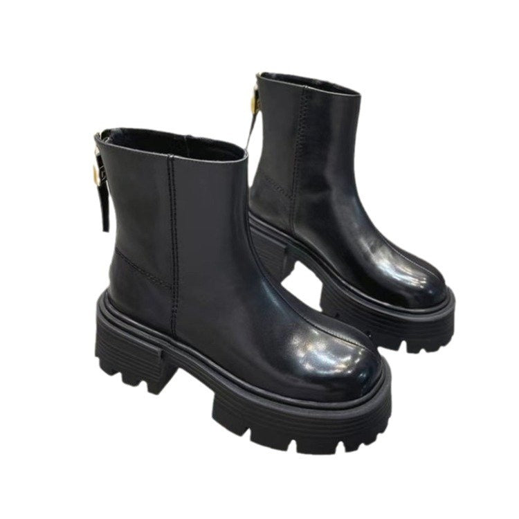 Autumn And Winter Korean Style Thick Bottom Chunky Heel Short Tube Fashion Boots Children Black Plus Velvet - D&A