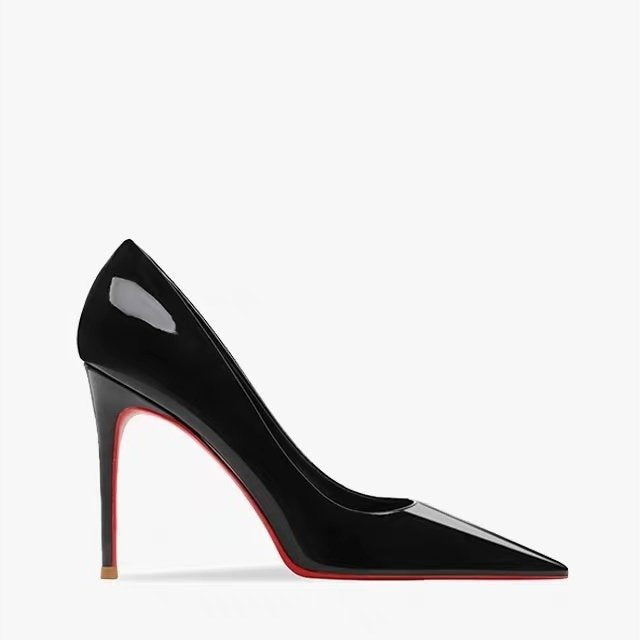 Women's Pointed Low-cut Patent Leather High Heels Black - D&A