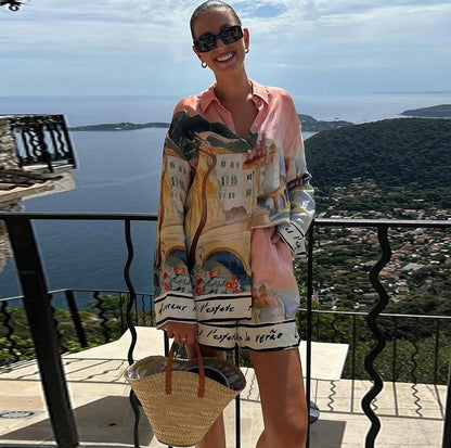 Women's Casual Style Printing Lapel Breasted Shirt Shorts Suit - D&A
