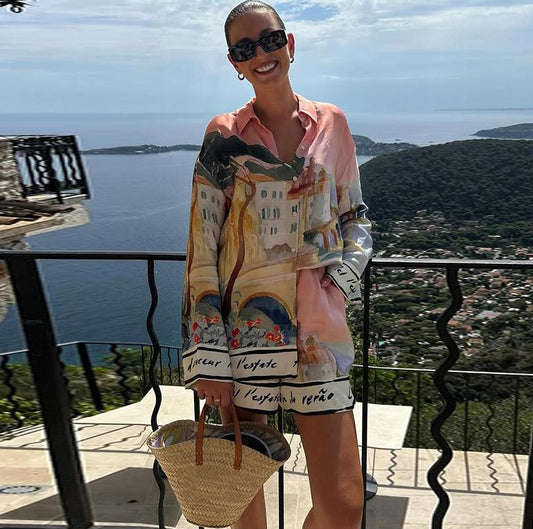 Women's Casual Style Printing Lapel Breasted Shirt Shorts Suit - D&A