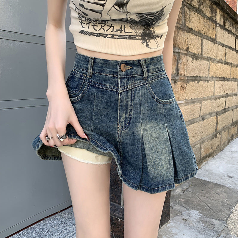 Denim Pleated For Women Summer High Waist Anti-exposure Skirt Retro Blue - D&A