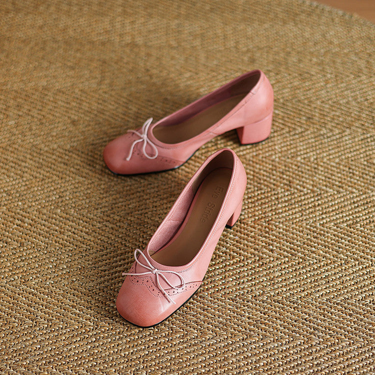 Women's Round Toe Shallow Mouth Gentle Bow Mid Heel Leather Shoes Pink - D&A