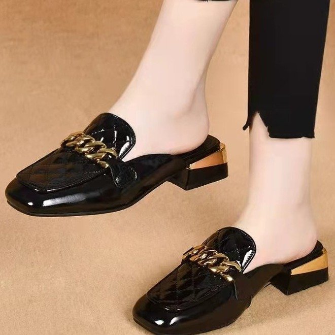 Women's Spring And Summer New Women's Shoes Mid Heel Toe Box Slippers Black - D&A