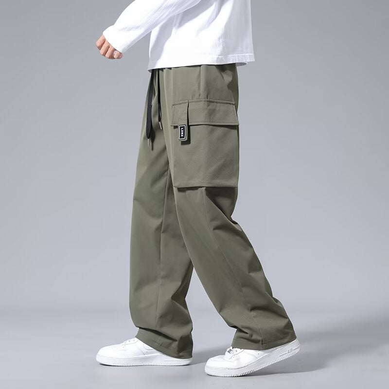 Large Loose Pockets Drawstring Boys Straight Cargo Pants Army Green - D&A