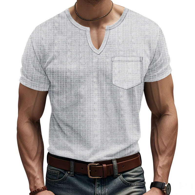 Men's Artificial Linen Bamboo Loose Casual Breathable V-neck Solid Color Short Sleeve - D&A