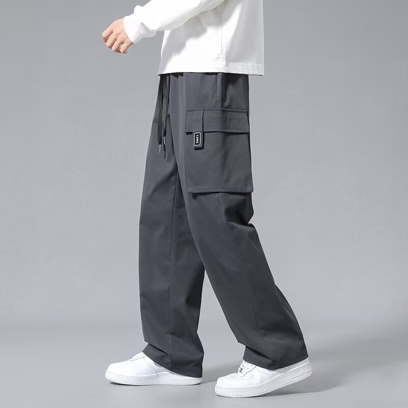 Large Loose Pockets Drawstring Boys Straight Cargo Pants Gray - D&A