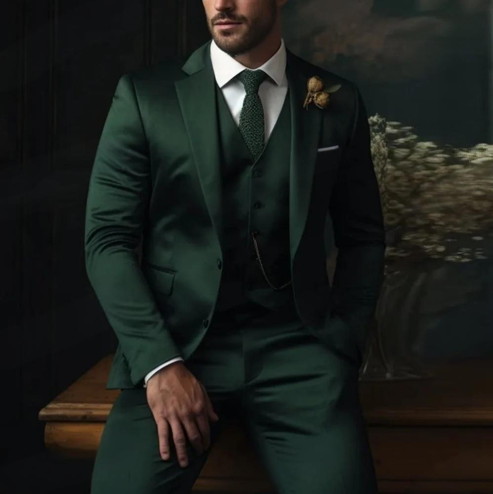 Men's Three-piece Suit Solid Color High Sense Dark Green - D&A