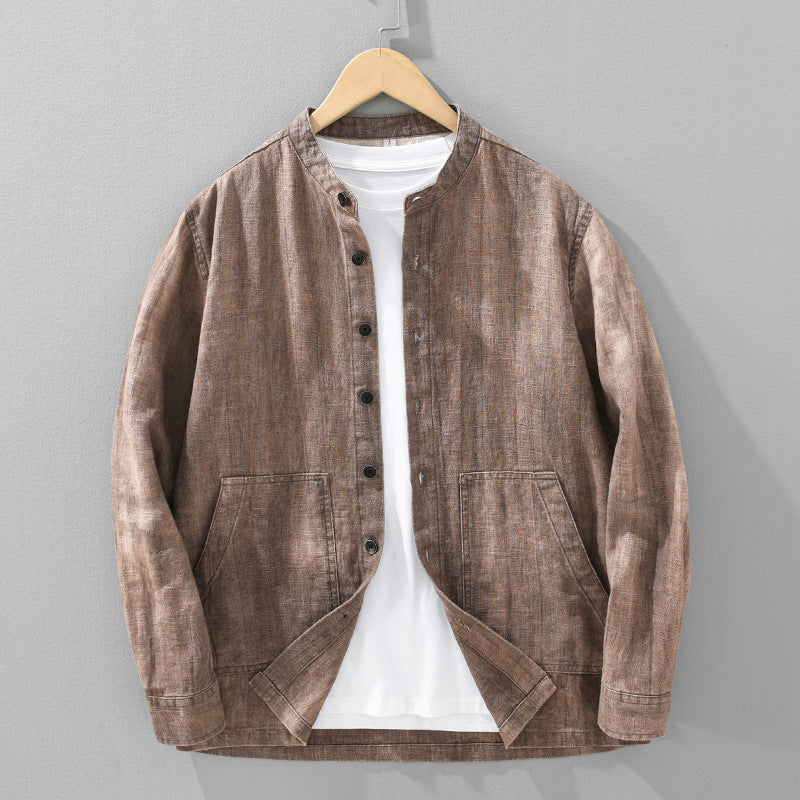Men's Solid Color Ramie Stand Collar Retro Casual Coat Shirt Brown - D&A
