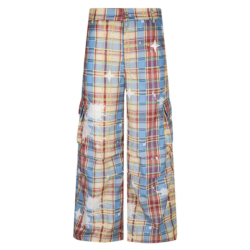 Retro Plaid Overalls Men's Loose Straight Casual Pants - D&A