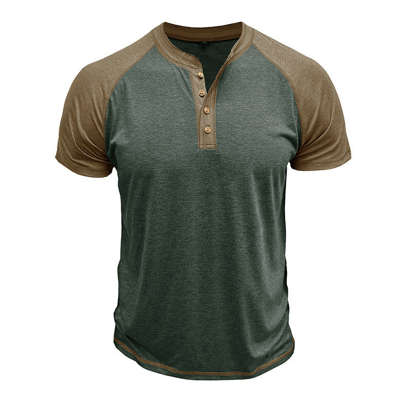 Men's Short Sleeve European And American Color Matching Top Green With Khaki - D&A