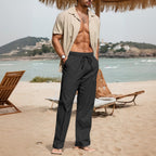 Men's Cotton And Linen Beach Trousers Drawstring Elastic Waist Straight Comfortable Breathable - D&A