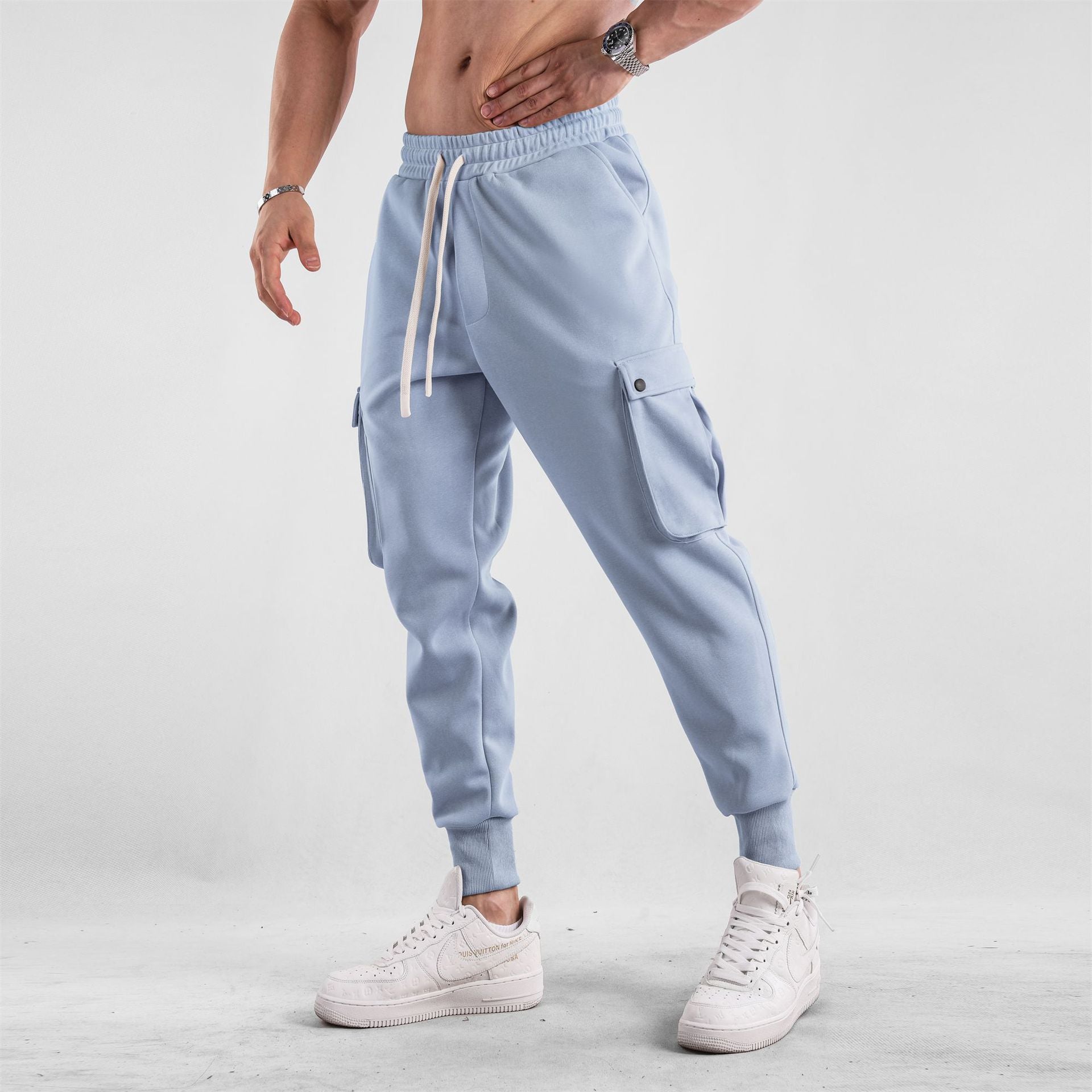 Men's Loose Close Up Ankle-tied American Sports Trousers Light Blue - D&A