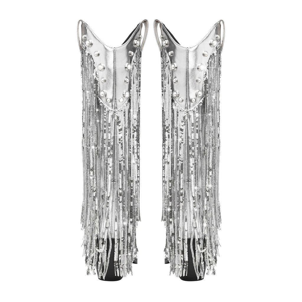Sequin Tassel Pointed Sleeve High Leg Boot - D&A