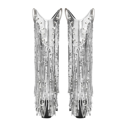 Sequin Tassel Pointed Sleeve High Leg Boot - D&A