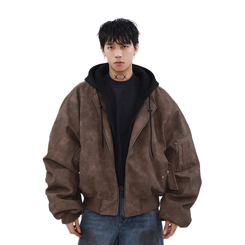 Loose Casual Hooded Coat Idle Style False Two-piece Jackets Brown Fake Two Pieces - D&A
