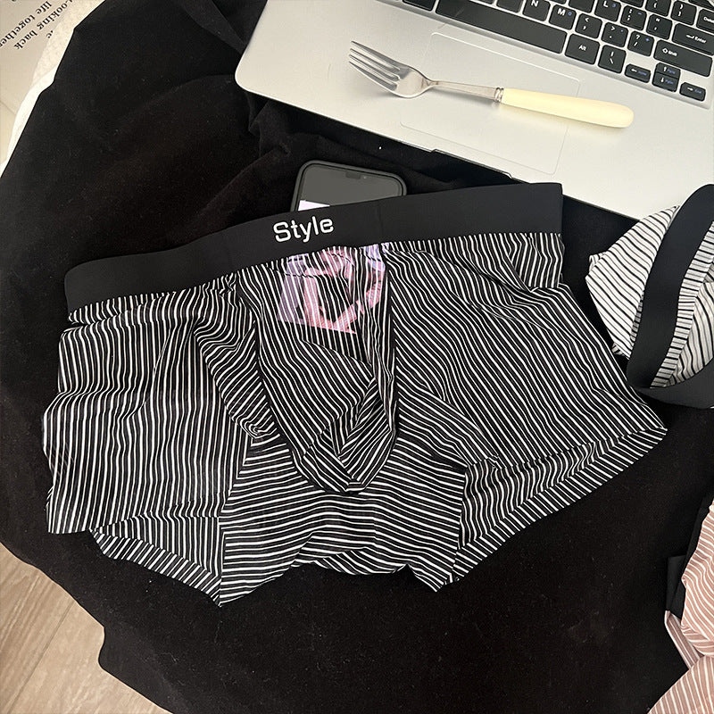 Vintage Stripe Men's Ice Silk Breathable Transparent Bottom Crotch Boxer Briefs Black - D&A