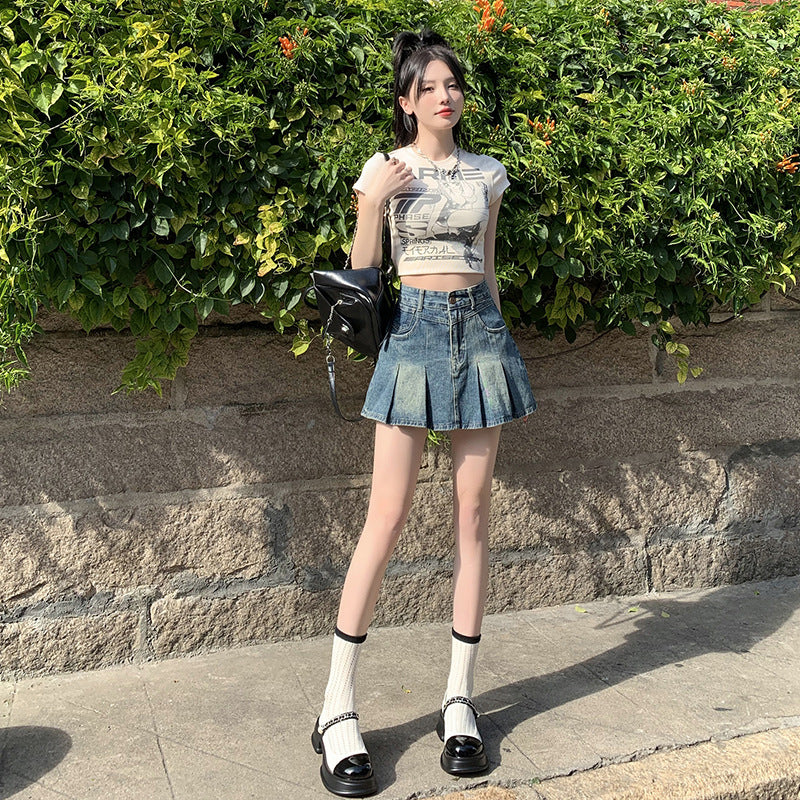 Denim Pleated For Women Summer High Waist Anti-exposure Skirt - D&A