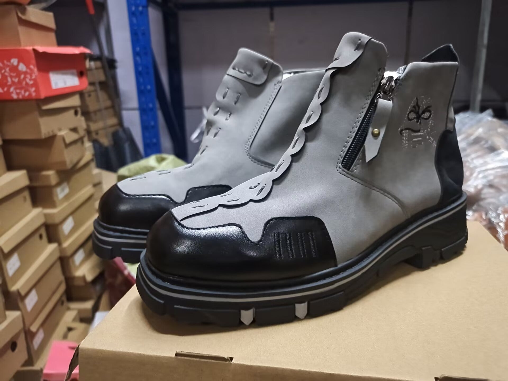 Men's Short Boots Round Toe Large Size Side Zipper Martin Boots Gray - D&A