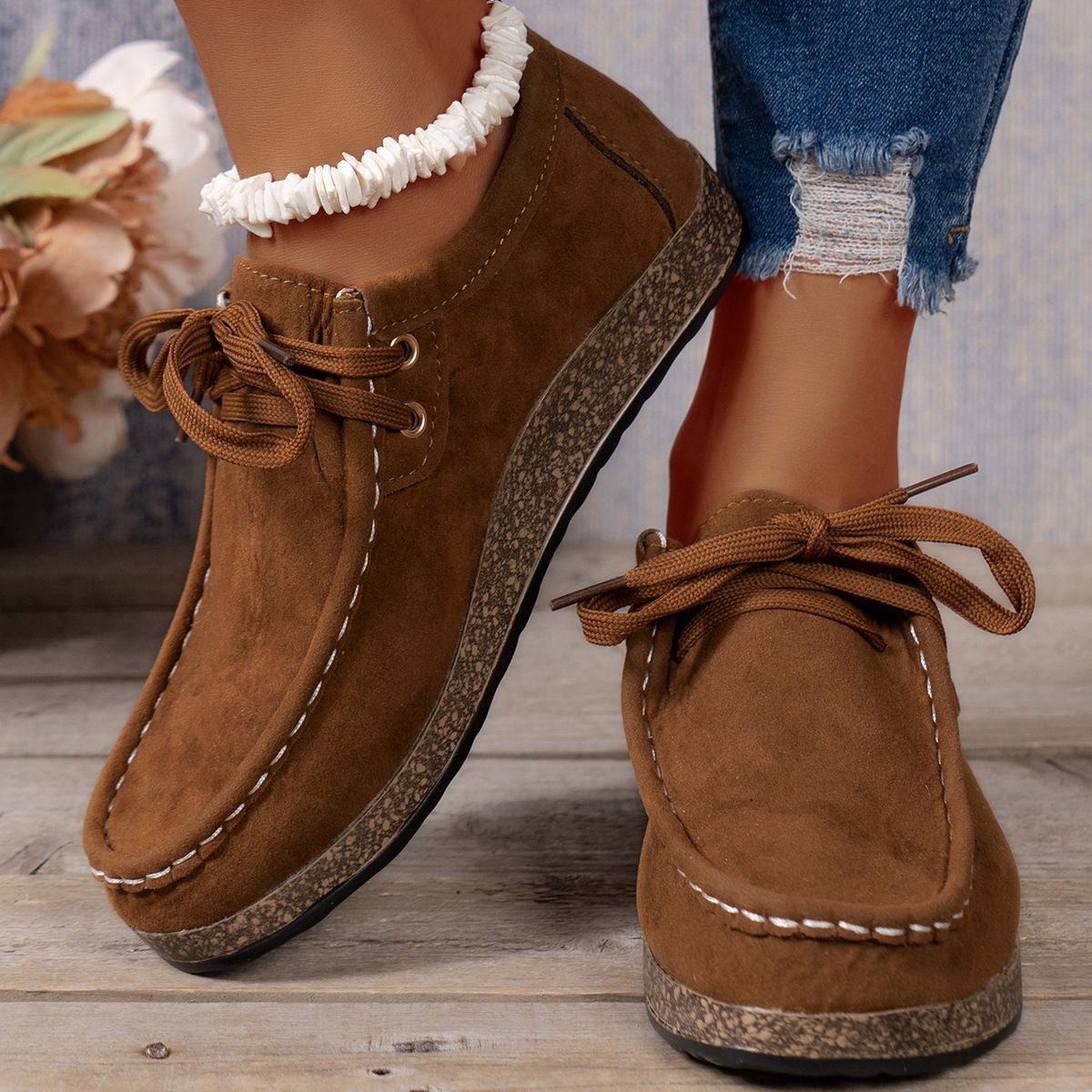 Plus Size Women's Shoes Flat Elastic Band Slip-on Casual Shoes Brown - D&A