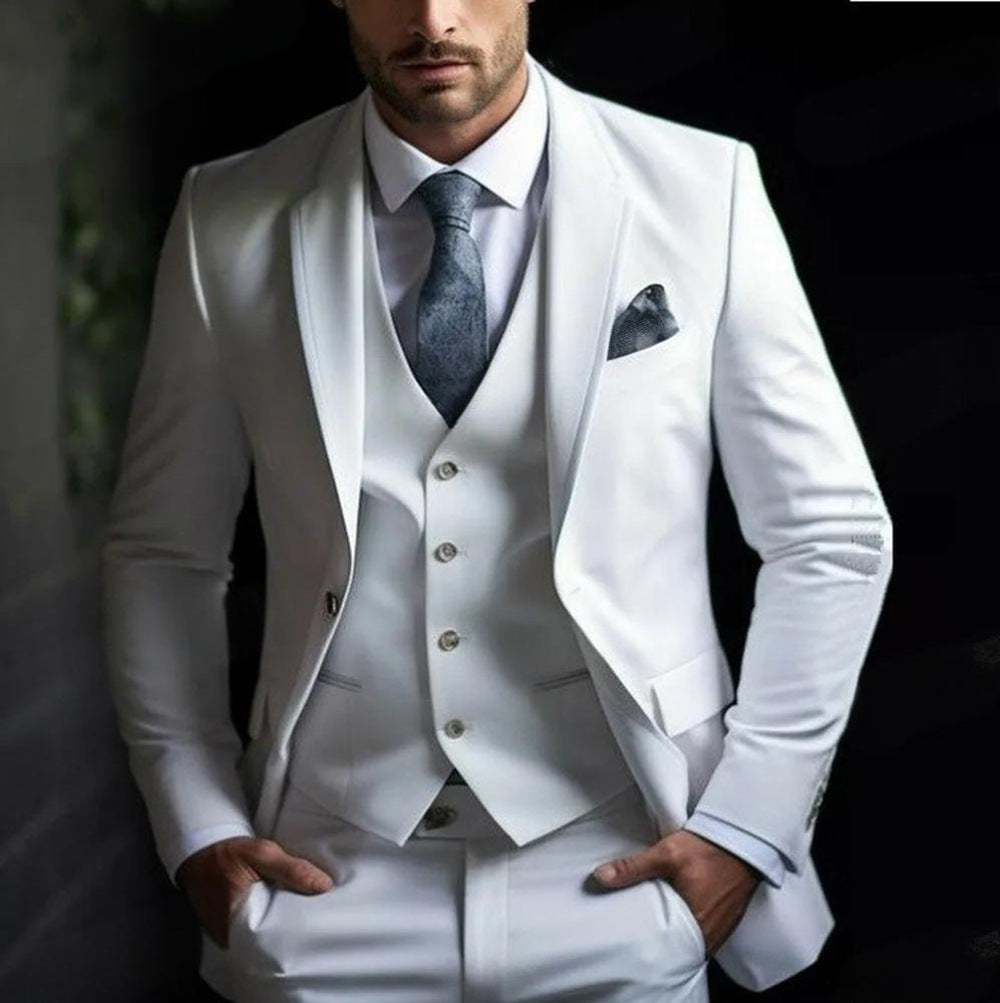 Men's Three-piece Suit Solid Color High Sense White - D&A