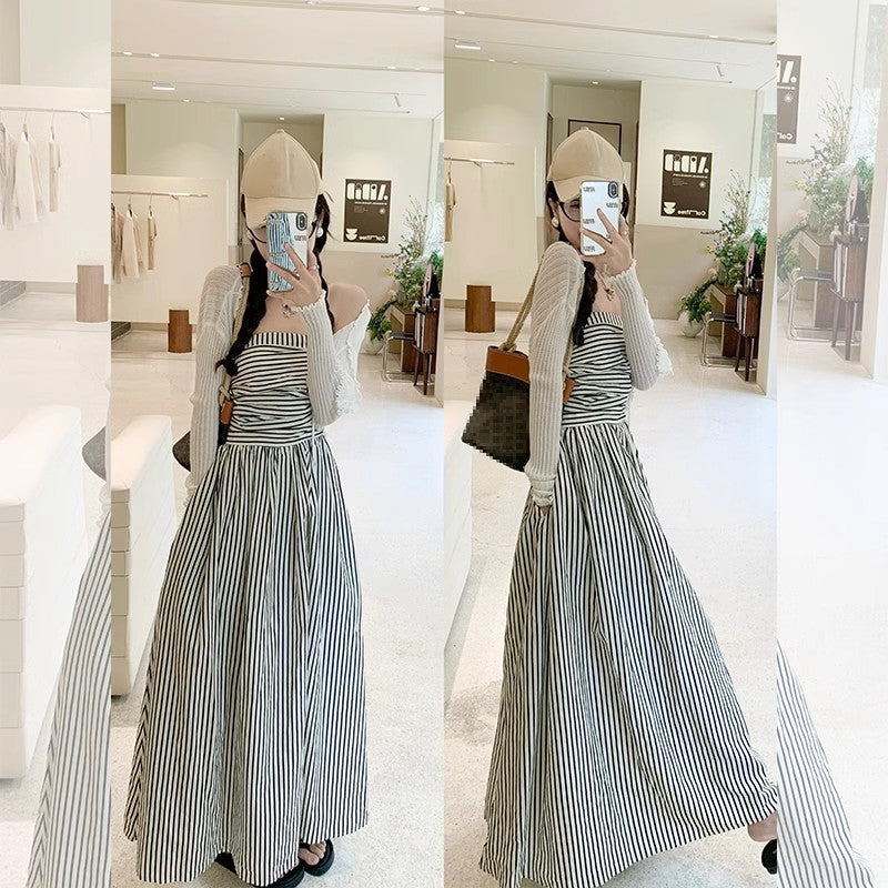Tube Top Contrast Color Striped Shirt Dress Women's Summer - D&A