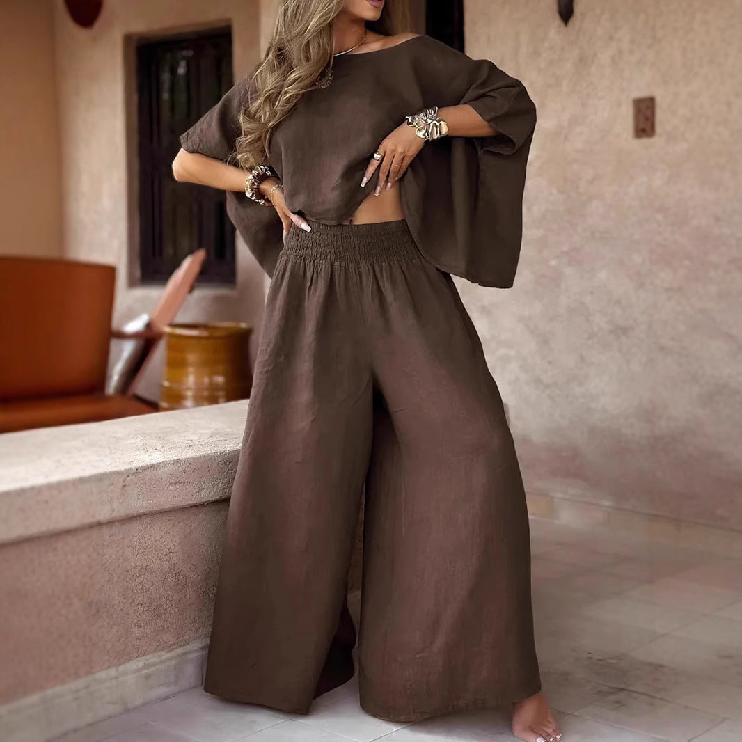 Solid Color Loose Round Neck Off-the-shoulder Women's Summer Suit Dark Brown - D&A