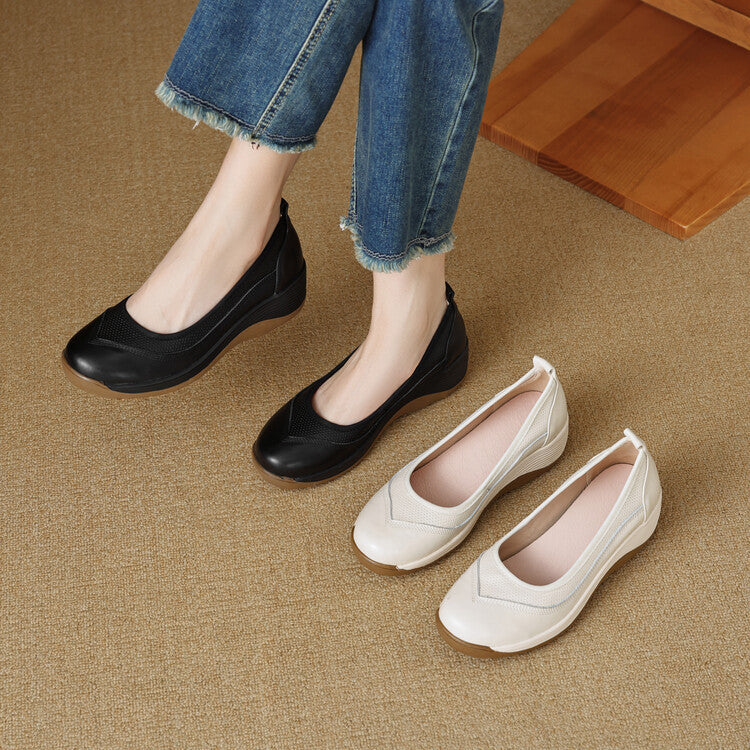 High Heel Leather Shoes Thick Bottom Lazy Platform Round Head Slip-on Pumps - D&A