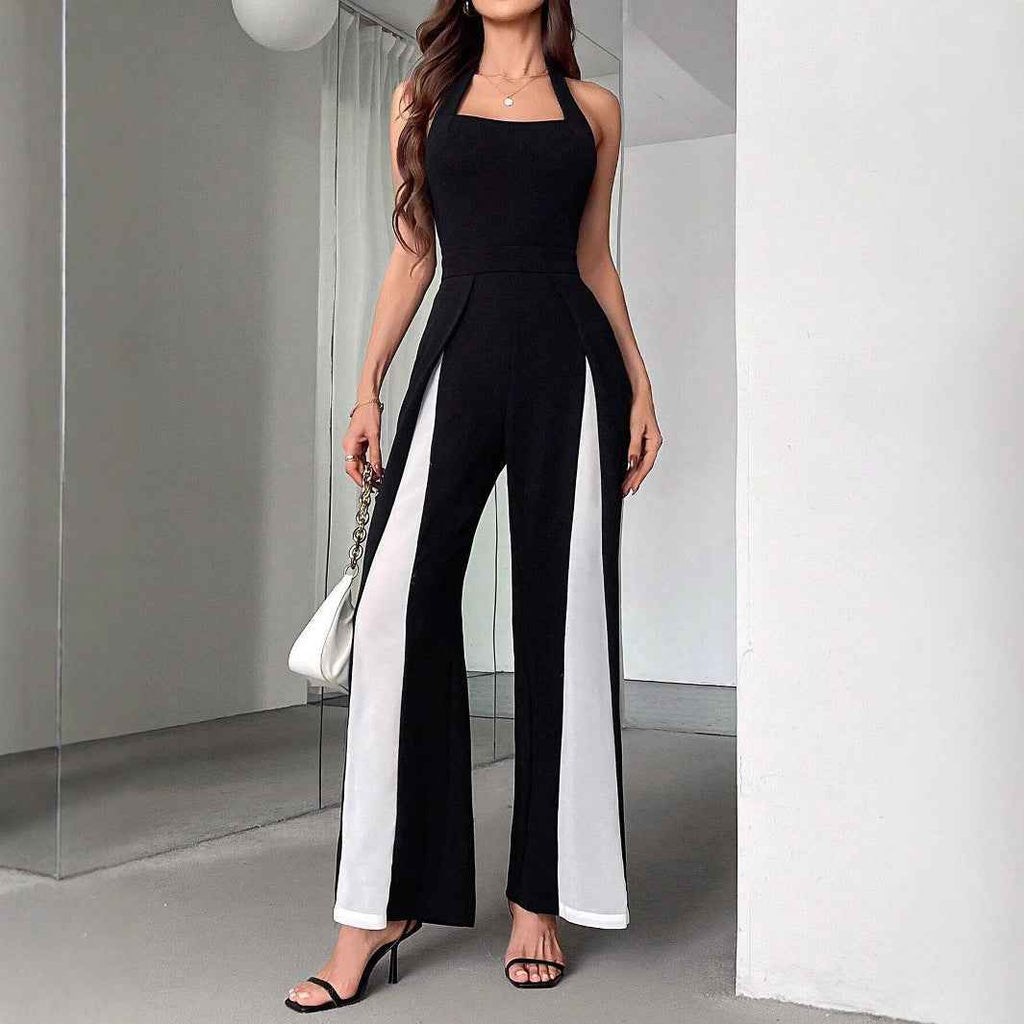 Black And White Color Matching Straight Halter Jumpsuit