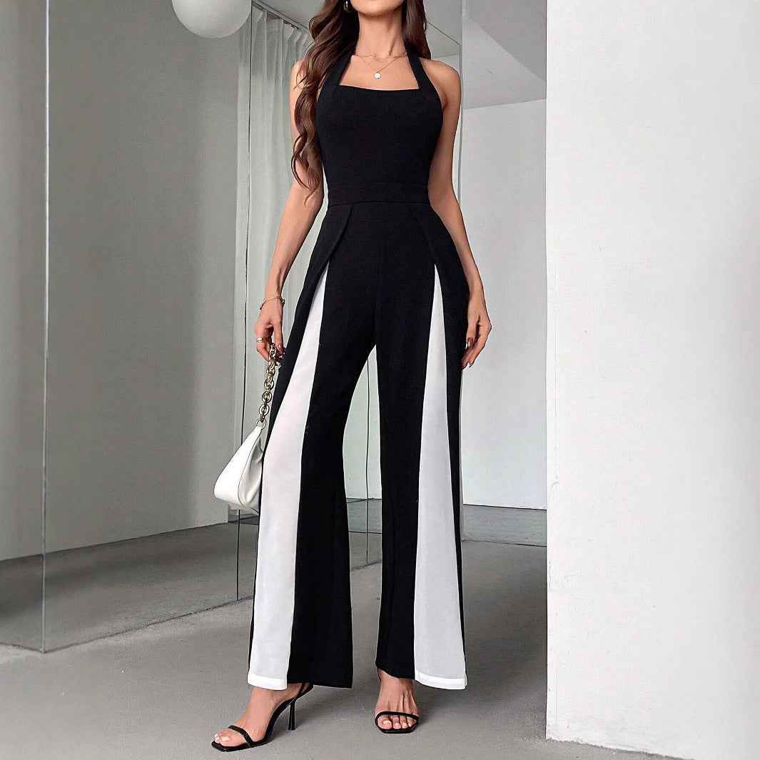 Black And White Color Matching Straight Halter Jumpsuit