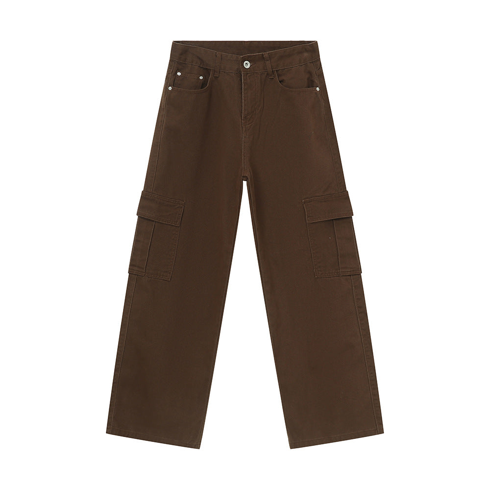 Men's Solid Color Basic Loose Casual Straight-leg Denim Trousers Brown - D&A