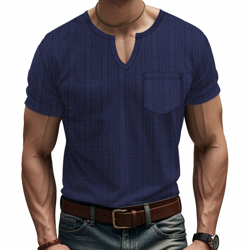 Men's Artificial Linen Bamboo Loose Casual Breathable V-neck Solid Color Short Sleeve - D&A