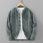 Men's Solid Color Ramie Stand Collar Retro Casual Coat Shirt Gray - D&A